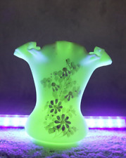 Vintage Fenton Custard Satin Pink Daisies Ruffle Vase Signed Uranium Glows Green picture