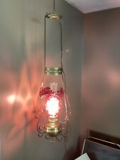 Antique/Vintage Brass Hanging Oil Lamp Chandelier Electrified w/Cranberry Glass picture