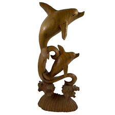 Vintage Tall Hand Carved Wooden Dolphins Riding Wave Wood Statue Carving 18” picture