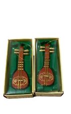 Lot Of 2 Vintage Russ Berrie Country Antique Ornament Wooden Christmas MANDOLIN picture