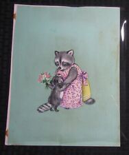 MOTHERS DAY Racoon Mom w/ Child & Flowers 9x12