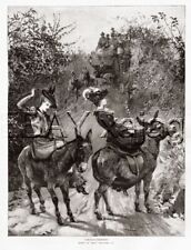 Donkey Women Riding Donkeys Sidesaddle, Obstructionists Antique 1890s Print picture