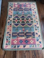 Rare Colorful MEXICAN FLAT RUG, vintage.  VERY PRETTY 5'x3' picture