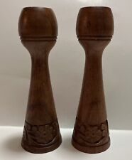 Vintage MCM Pair Turned Wood Carved Candlesticks Taper Candle Holders India 6” picture