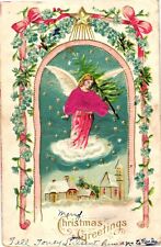 Embossed CHRISTMAS GREETINGS Angel Wings Religious Vintage Postcard picture