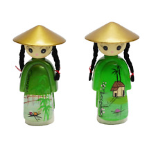 Vintage 2 Vietnam Geisha Girl Dolls Hard Resin Figurine Trinket Decor About 2.5” picture