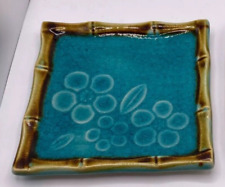 Vintage MCI Crackle Glaze 5” Square Plate Bamboo Edge Teal Japan picture