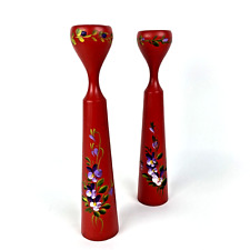 Danish Tulip Wooden Candlestick Set 2 Candle Holder Red painted 9 in mcm Denmark picture