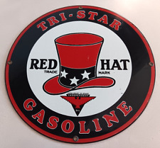 VINTAGE RED HAT TRI STAR GASOLINE PORCELAIN SIGN GENERAL STORE GAS OIL PUMP picture