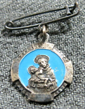 Vintage skyblue enamel silvertone metal St Anthony & Our Lady dangle safety pin picture
