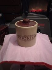COOKIE JAR MONMOUTH USA GLAZED STONEWARE CROCK VINTAGE COOKIES TAN BROWN ROUND picture