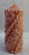 Vintage Large Candle Pillar Hand Carved Floral Spiral Pink Unscented Wedding picture