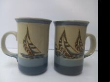2 Vintage Blue Ceramic Sail Boat Mugs Nautical Ship Sea Glazed Collectible Cups picture
