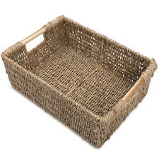 Large Natural Wicker Basket Rectangular with Wooden Handles, Seagrass Storage... picture