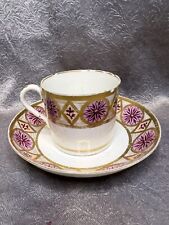 Early British Porcelain Coffee Cup and Saucer Purple Gold Rosettes 18th century picture