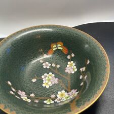 Vintage Chinese Green Floral Sakura Cherry Blossom Dish Bowl W/ Butter Flies picture
