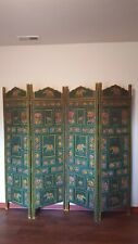 Vintage polychrome four panel hand painted wooden screen / room divider picture