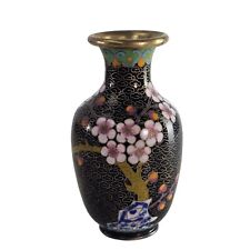 Vintage Chinese Cloisonné Vase Floral Brass Silver Black Early 20th C 4.5