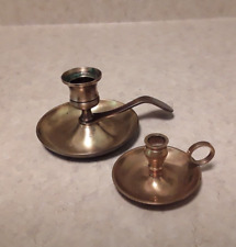 Two Vintage Brass Candlestick Holders w/Drip Tray Handle Finger Loop picture
