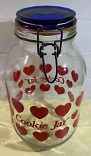 Vintage Carlton Glass Hearts Cookie Jar with Cobalt Lid 3 Liter Bale Flip Top picture
