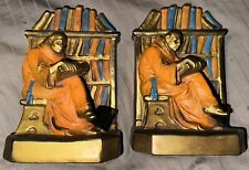 Matched Pair Multi-Color Metallic Book-Ends Monk In Chair Reading picture