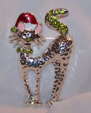Kitty Cat Christmas Pin Brooch-Rhinetones Enamel Hammered Silver Tone Metal-NEW picture