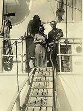 XJ Photograph Cute Couple Handsome Navy Man Pretty Woman On Ship Boat Ramp 40's picture