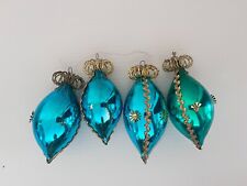 SET OF 4 BRIGHT BLUE GLASS MADE COLUMBIA TEARDROP CHRISTMAS ORNAMENTS picture