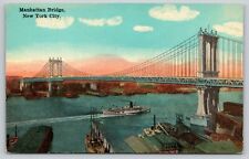 Postcard NY New York City Manhattan Bridge Passenger Ship Chrome UNP A15 picture