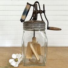 Vintage Antique 2qt.  Butter Churn Wood Paddles Square Glass Jar Farmhouse picture