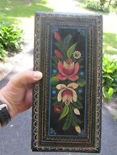 Vintage Hand Painted Black Gold  Red floral Lid Wood Box Hinged Jewelry Box picture