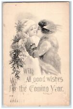 1916 New Year Sweet Couple Kissing Romance Mistletoe Calumet MI Antique Postcard picture