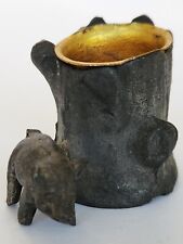 Vintage Toothpick Holder Brass Pig With Tree Stump picture