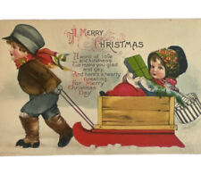 Antique Christmas Postcard 1917 Ephemera Wolf & Co Children Boy Girl Sled Posted picture