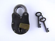 Antique 3.5 Inch Unmarked Padlock w Key Set Steel Cable Closed Shackle 0.8 Lbs picture