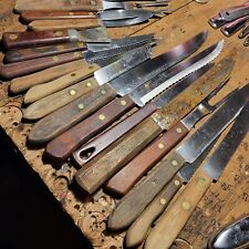 Lot Of 21 Old Wood Handle Butcher Kitchen Knives Carving Knife Brass Pins picture