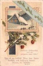 1912 Religious German Christmas PC-Pine Bough & Cones by Snowy Home-Bible Verse picture