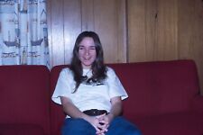 1972 Young Woman Smiling on Couch Living Room Vintage 35mm Slide picture