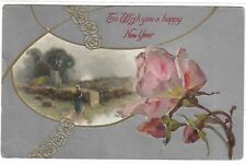 ANTIQUE 1909 Post Card - Wish You a Happy New Year Pink Rose picture