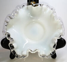 Vintage Fenton Silver Crest White Milk Glass Dish Trinket Dish Clear Ruffle Edge picture