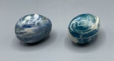 VTG Set of 2 Marbled Swirl Glazed Ceramic Eggs - Blue Teal White picture