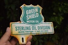 1950s GREEN SHIELD MOTOR OIL STAMPED PAINTED METAL PLATE TOPPER SIGN GAS SERVICE picture