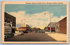 Vintage Postcard MI Muskegon Heights Business District Shops Bus Old Cars ~7751 picture