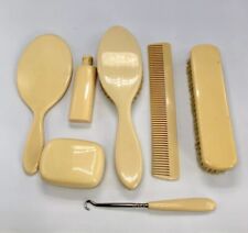 7PC VTG Ivory Celluloid MCM Vanity Dresser Set. Mirror Brush Comb Soap Container picture