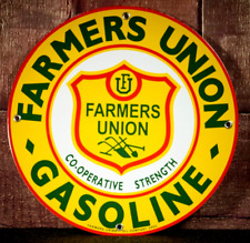 FARMERS UNION GASOLINE, CO-OP    PORCELAIN COLLECTIBLE, RUSTIC, ADVERTISING picture