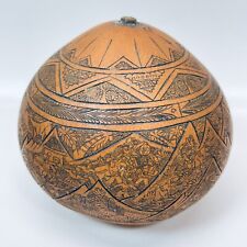 VINTAGE Peruvian Folk Art Hand Carved Gourd Rattle Detailed Peru Farm Drawing picture