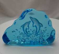 Beautiful Artisan Carved Blue Dolphins Glass Paperweight picture