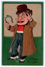 New Year Postcard Old Man With Horseshoe Embossed c1910's Unposted Antique picture