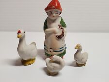 Old Vintage Japan 4 PC Lot Bisque Ceramic Porcelain Girl Feeding Ducks Farm picture