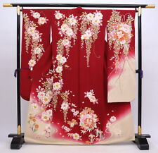 Furisode Kimono Japan Red, Beige, Seasonal Floral Pattern, Condition Rank B picture